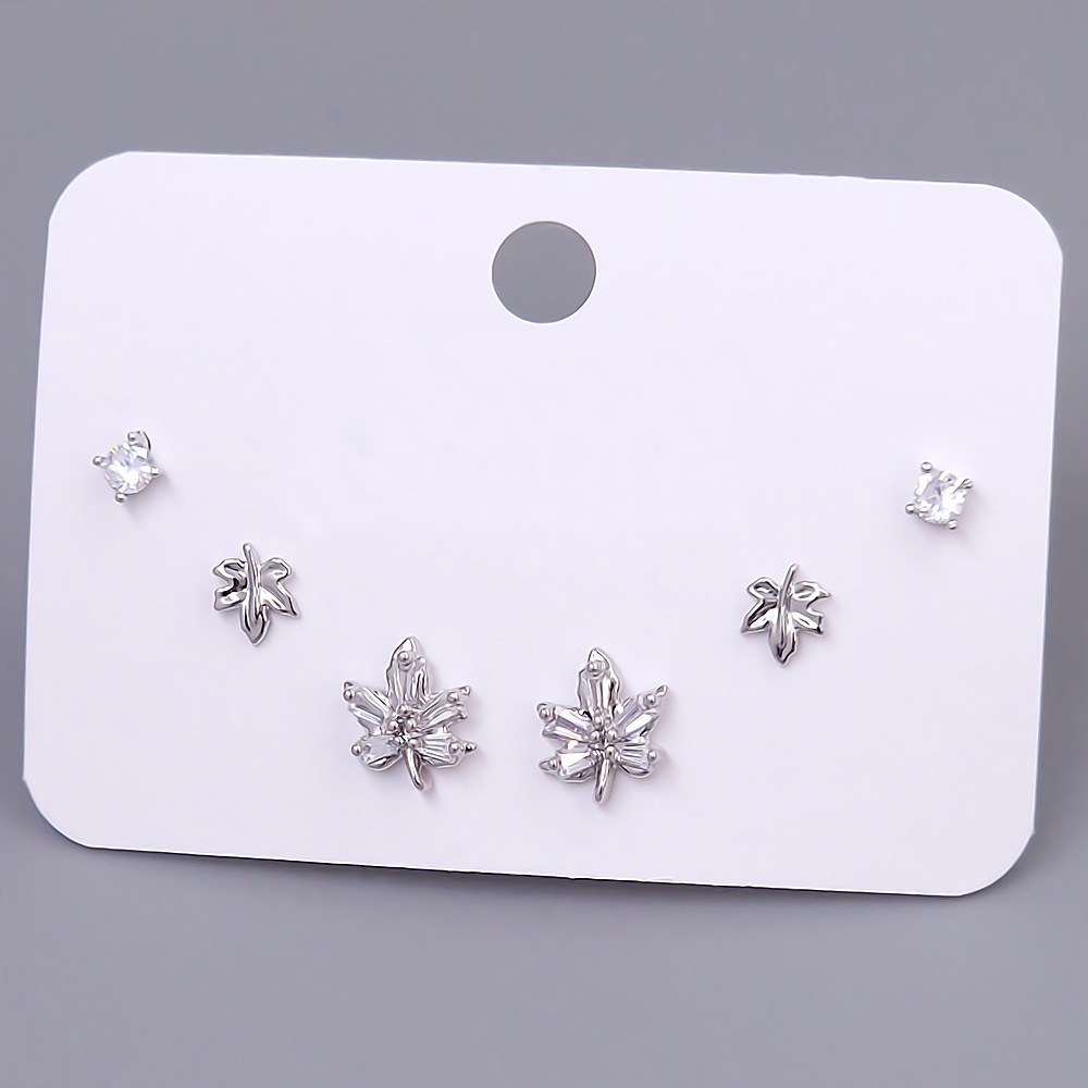 Набір із 3-х пар сережок-гвоздиків FJ. Родій. Камені: білий циркон