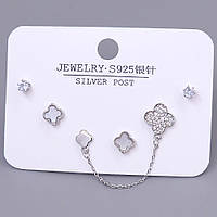 Набір із 3-х пар сережок-гвоздиків FJ. Родій. Камені: білий циркон