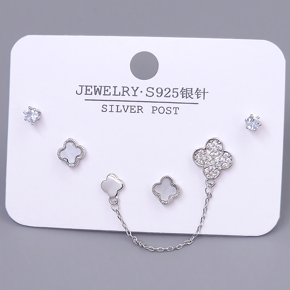 Набір із 3-х пар сережок-гвоздиків FJ. Родій. Камені: білий циркон