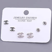 Набір із 3-х пар сережок-гвоздиків FJ. Родій. Камені: білий циркон