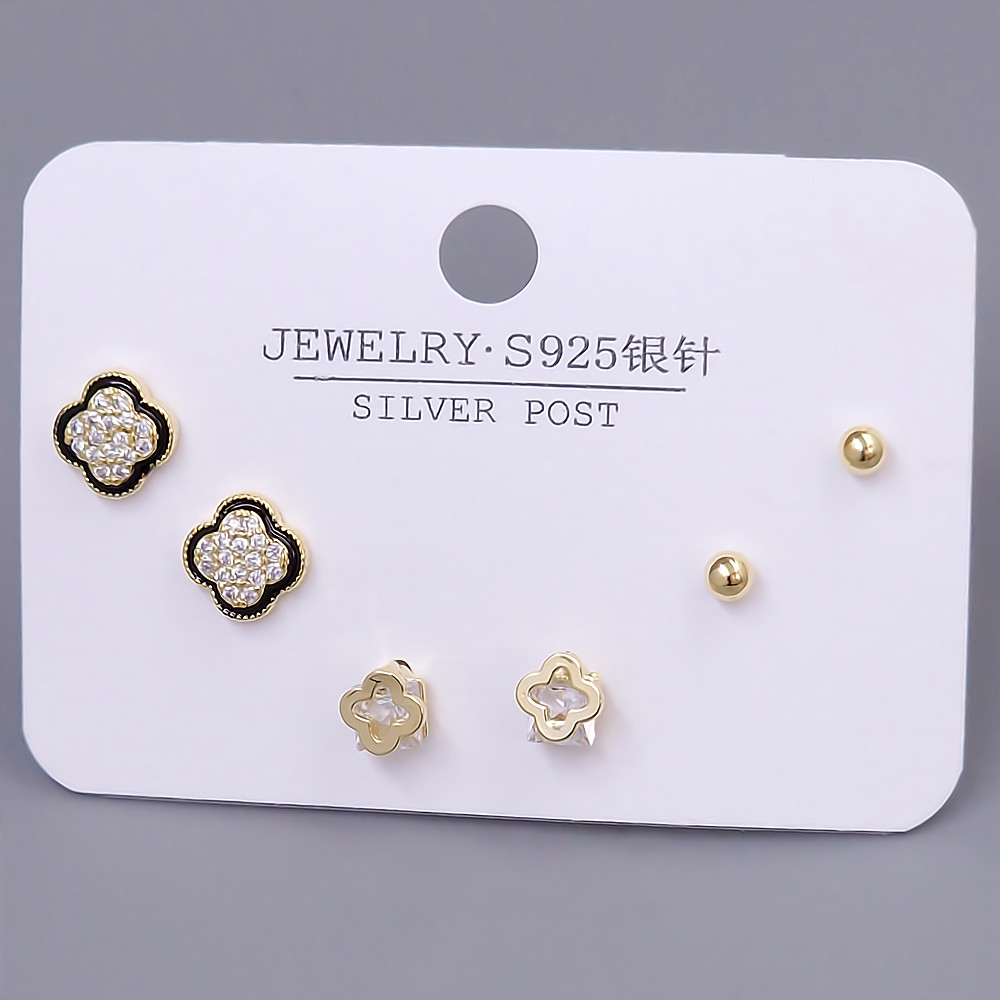 Набір із 3-х пар сережок-гвоздиків FJ. Позолота лимонного відтінку. Камені: циркон