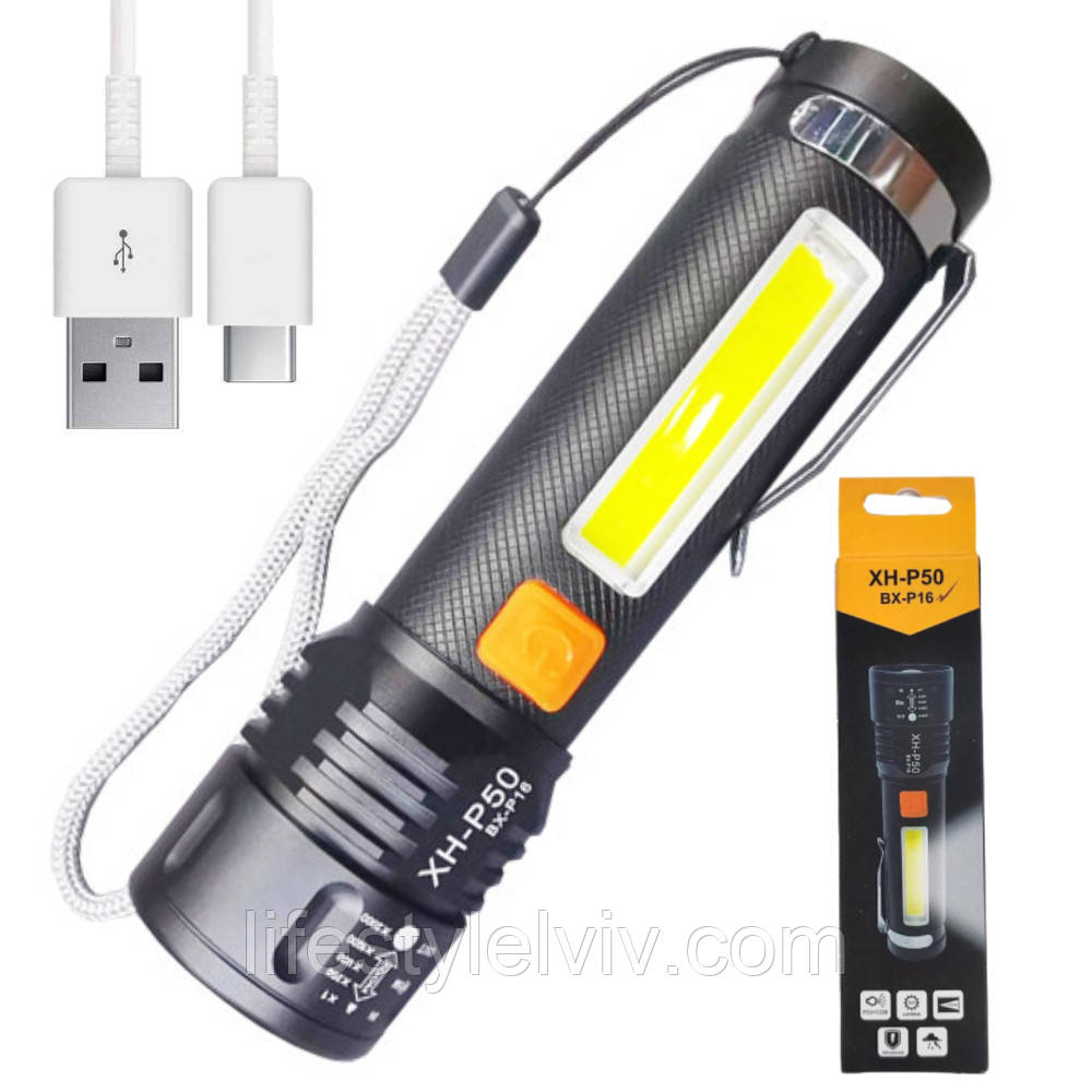 Ліхтар ручний BL-P716-P50+COB, з USB / Акумуляторний ліхтарик з оптичним зумом / Ліхтар з кліпсою на одяг