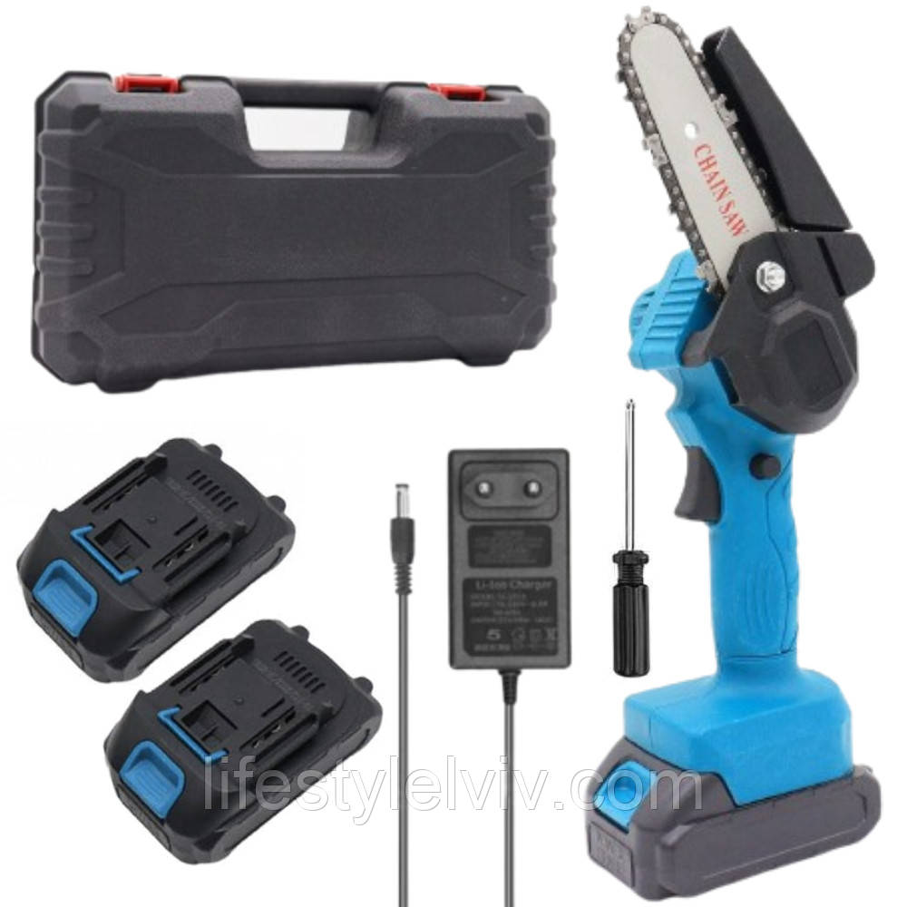 Акумуляторна пила ланцюгова 4" + 2 акумулятори в кейсі / Ручна міні пила для обрізання дерев / Електропила, фото 1