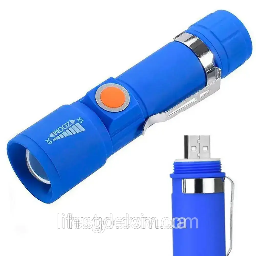 Ліхтар ручний акумуляторний 416-XPE з USB-зарядкою, Синій / Кишеньковий міні ліхтарик із зумом та 4 режимами роботи