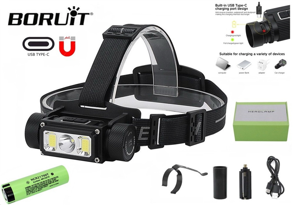 Налобний ліхтар BORUIT B40 + PANASONIC 21700 акумулятор (5000LM, USB-C, Магніт, Кліпса, LED+COB LED, IPX4)