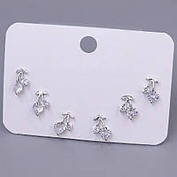 Набір із 3-х пар сережок-гвоздиків FJ. Родій. Камені: білий циркон