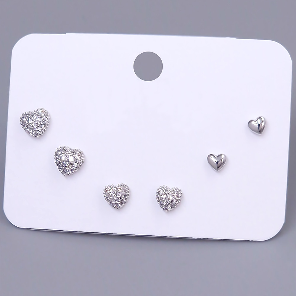 Набір із 3-х пар сережок-гвоздиків FJ. Родій. Камені: білий циркон