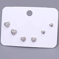 Набір із 3-х пар сережок-гвоздиків FJ. Родій. Камені: білий циркон