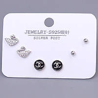 Набір із 3-х пар сережок-гвоздиків FJ. Родій. Камені: білий циркон