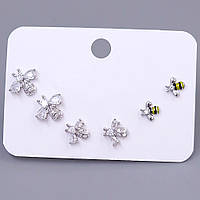 Набір із 3-х пар сережок-гвоздиків FJ. Родій. Камені: білий циркон