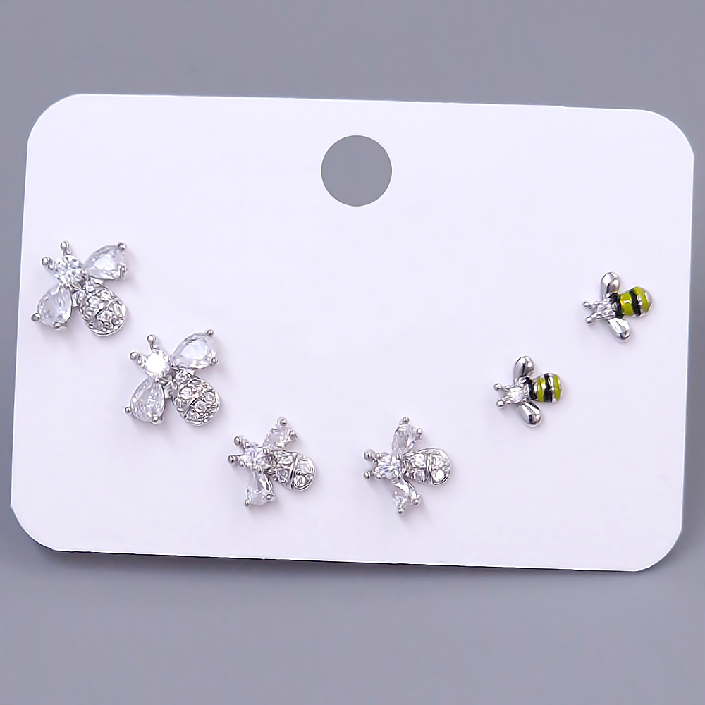 Набір із 3-х пар сережок-гвоздиків FJ. Родій. Камені: білий циркон