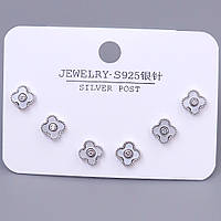 Набір із 3-х пар сережок-гвоздиків FJ. Родій. Камені: білий циркон