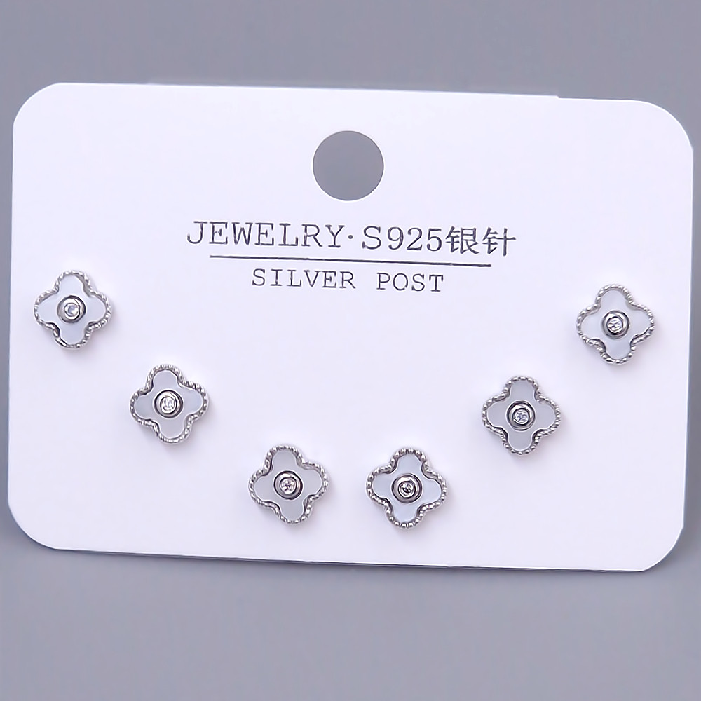 Набір із 3-х пар сережок-гвоздиків FJ. Родій. Камені: білий циркон