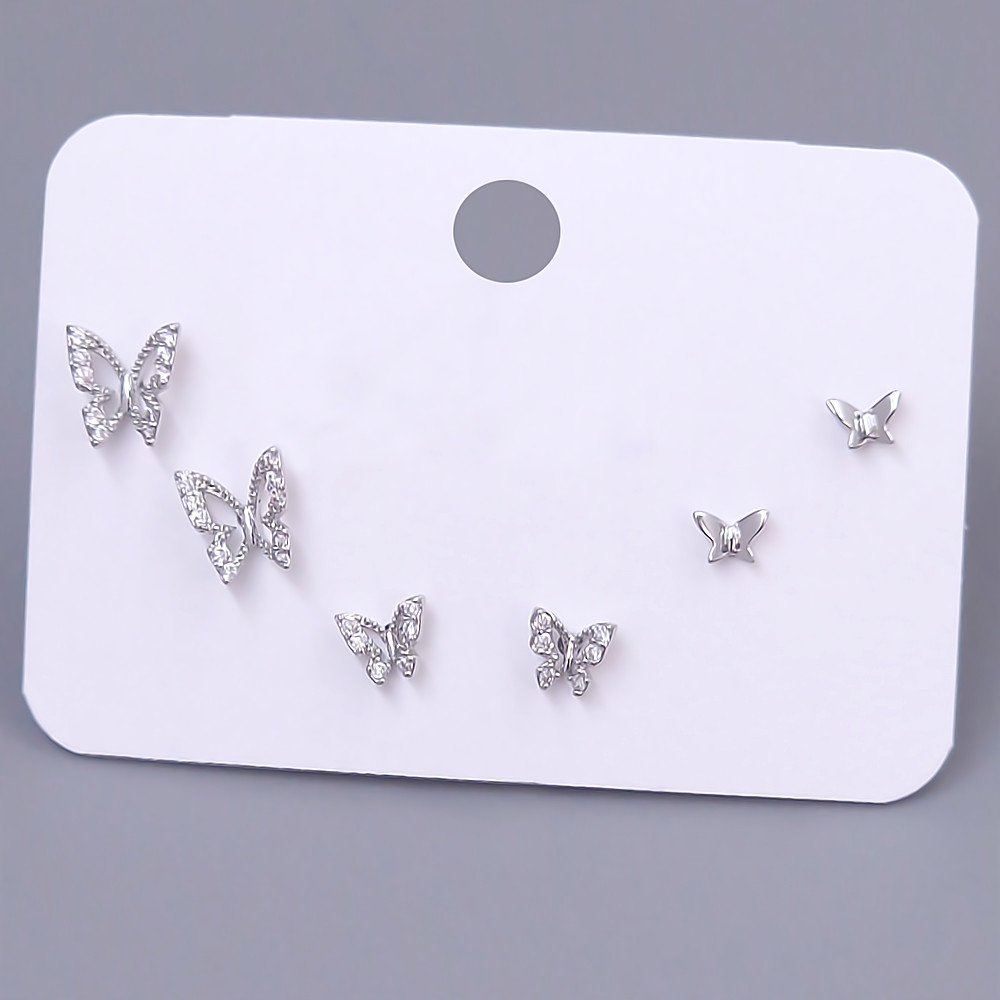 Набір із 3-х пар сережок-гвоздиків FJ. Родій. Камені: білий циркон