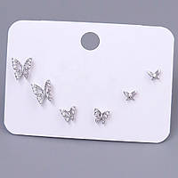 Набір із 3-х пар сережок-гвоздиків FJ. Родій. Камені: білий циркон