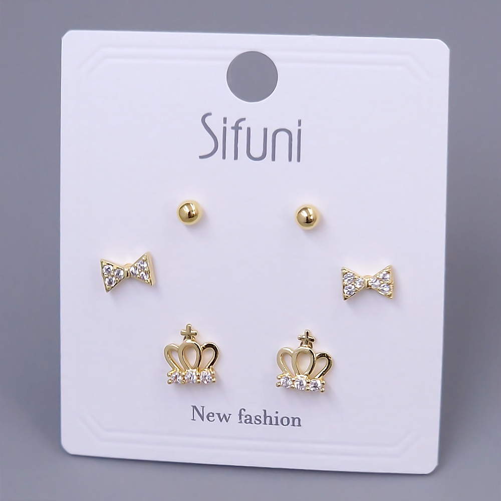 Набір із 3-х пар сережок-гвоздиків FJ. Позолота лимонного відтінку. Камені: циркон