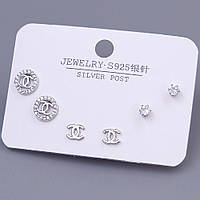 Набір із 3-х пар сережок-гвоздиків FJ. Родій. Камені: білий циркон