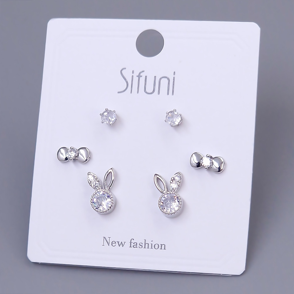 Набір із 3-х пар сережок-гвоздиків FJ. Родій. Камені: білий циркон