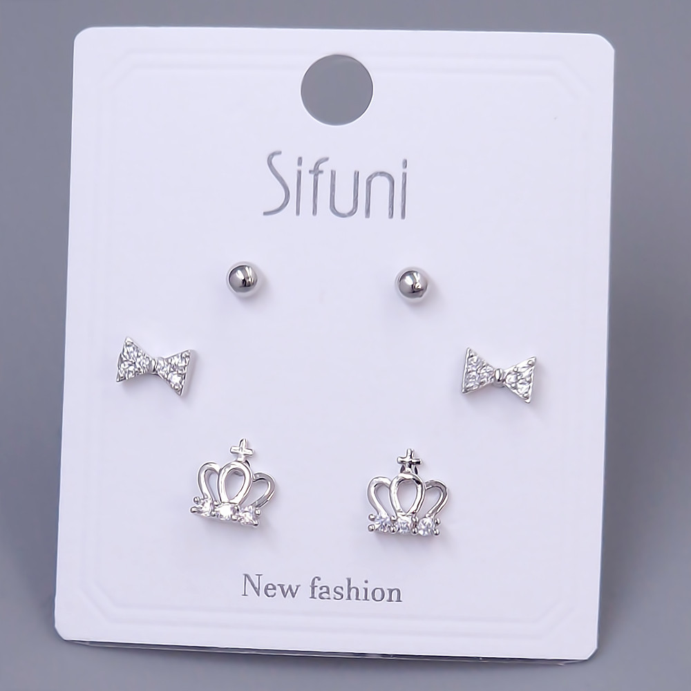 Набір із 3-х пар сережок-гвоздиків FJ. Родій. Камені: білий циркон