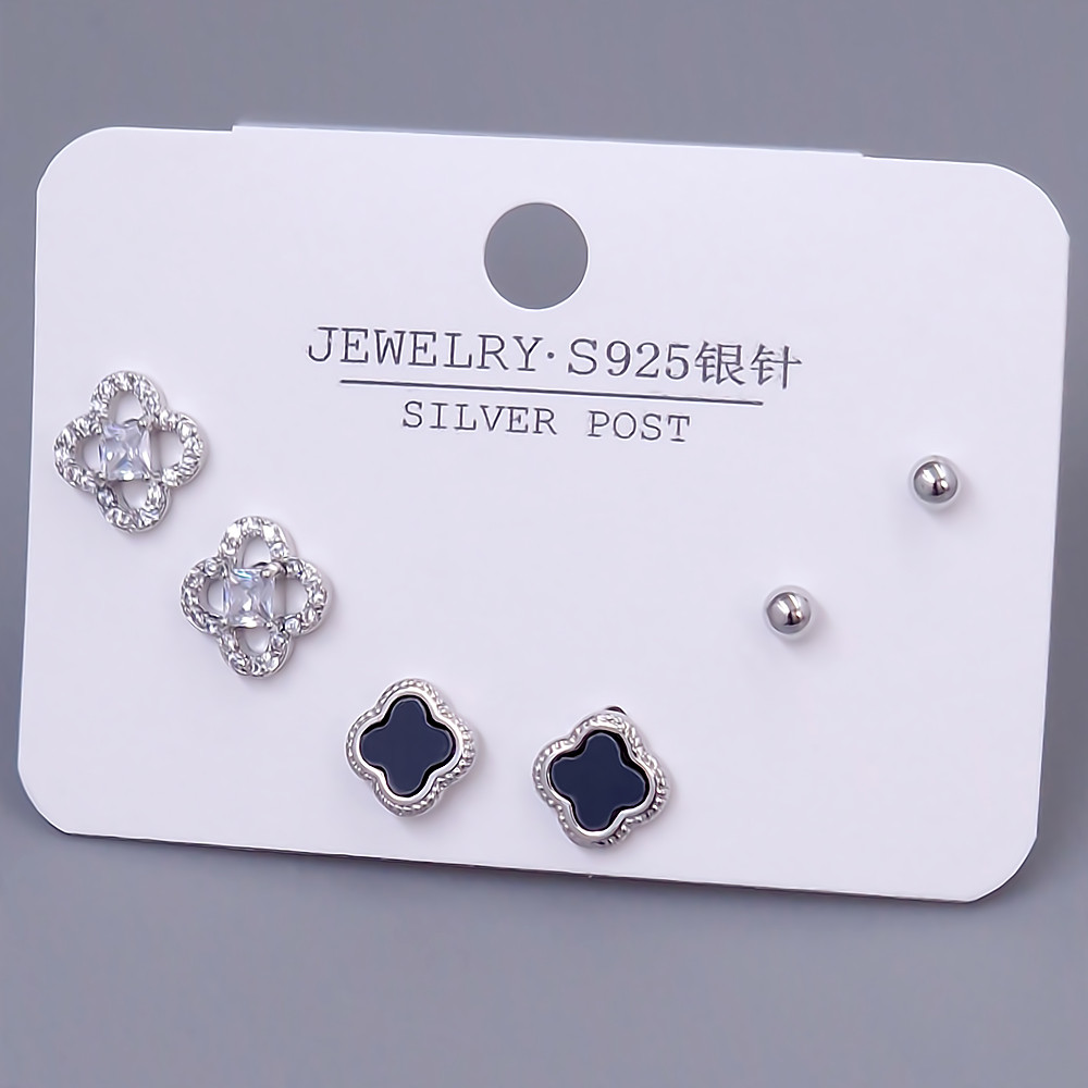 Набір із 3-х пар сережок-гвоздиків FJ. Родій. Камені: білий циркон