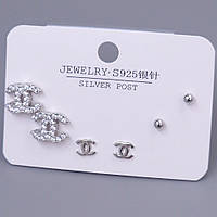 Набір із 3-х пар сережок-гвоздиків FJ. Родій. Камені: білий циркон