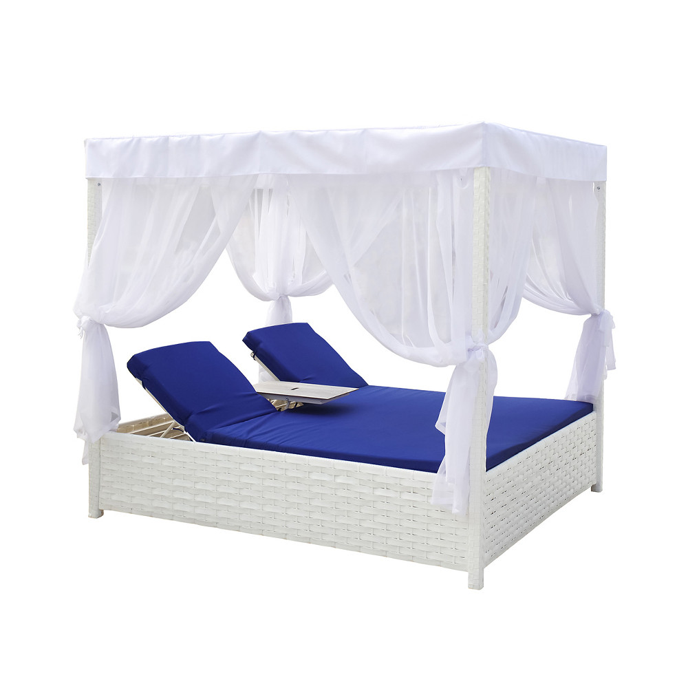 Диван-лаунж Беседка Бали-L с шезлонгами без текстиля, каркас сталь, иск.ротанг Белый (Pradex ТМ)