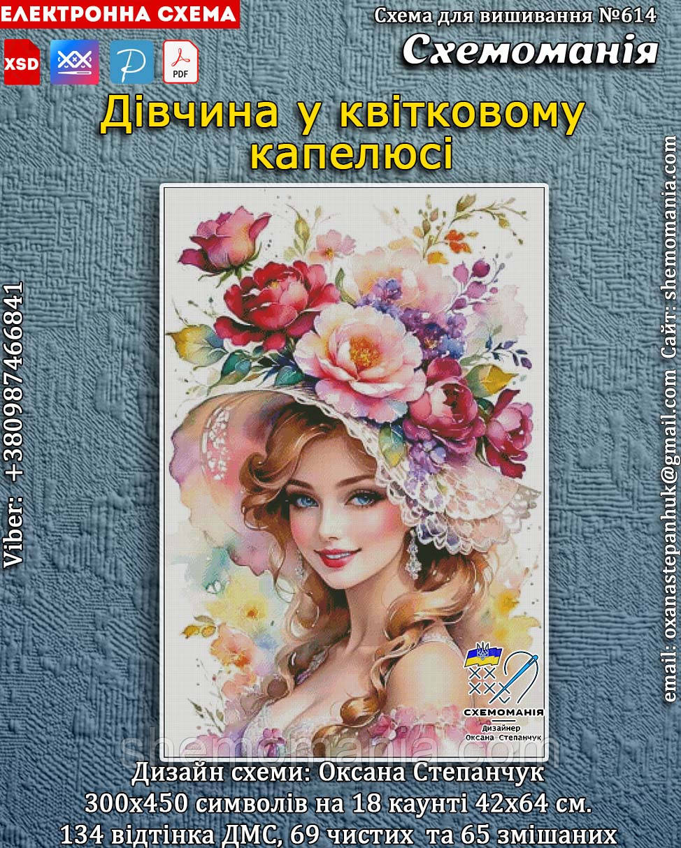 (Електронна)Схема для вишивання хрестиком або петитом: "Дівчина у квітковому капелюсі"