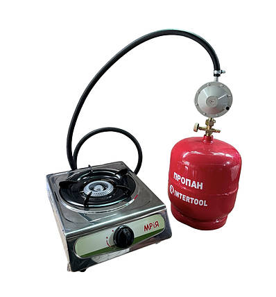 Газова плита однокомфорна Мрія + Балон газовий InterTool 8л + редуктор зі шлангом + пальник на балон у подарунок, фото 1