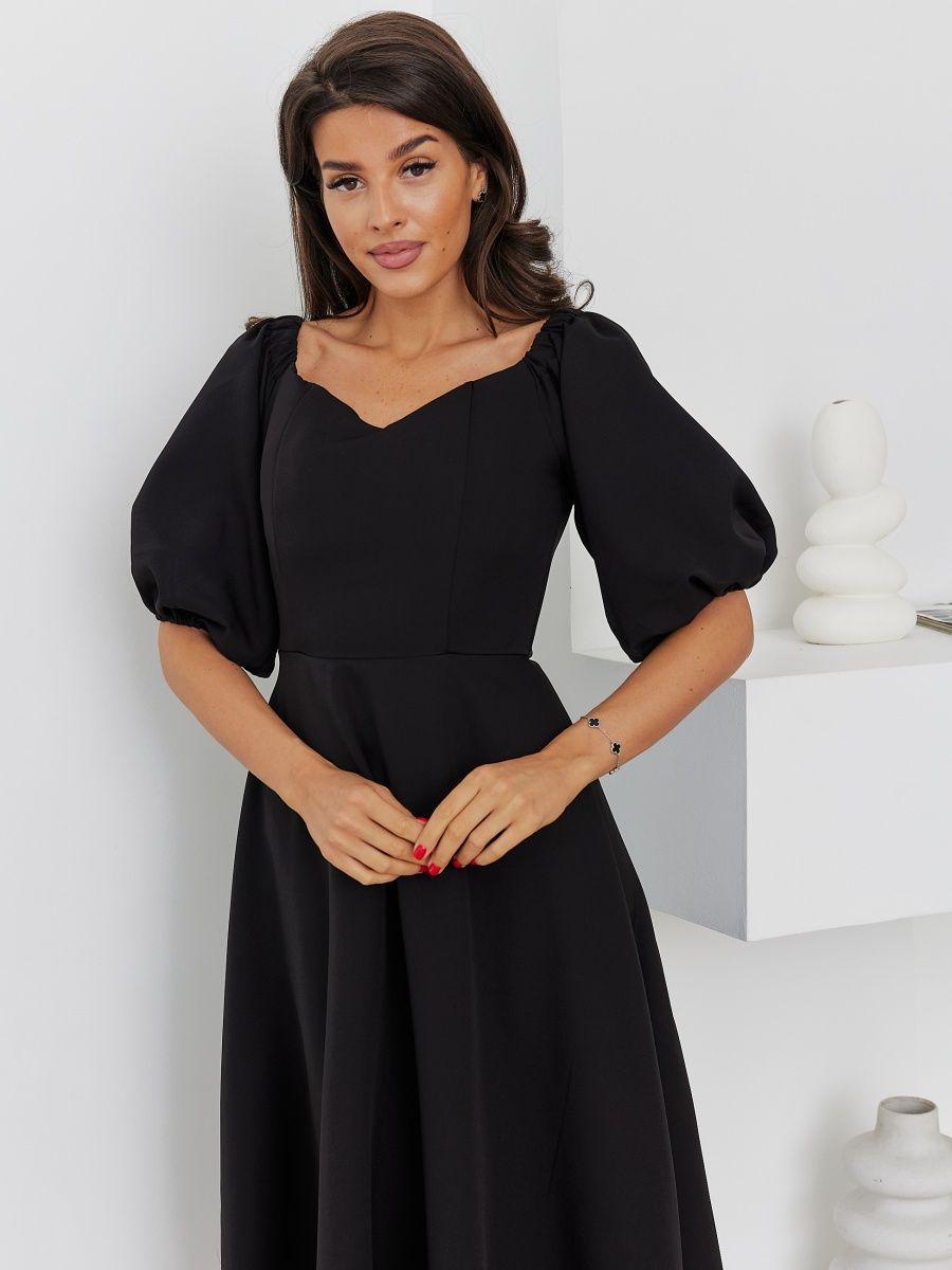 Нарядне красиве жіноче плаття з пишними рукавами, довжини міді, чорне, фото 1