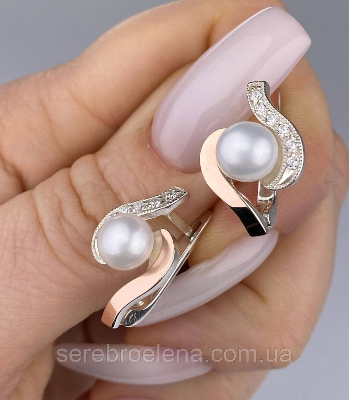 Срібні сережки з натур. перлами і золотом 0028.10, фото 1