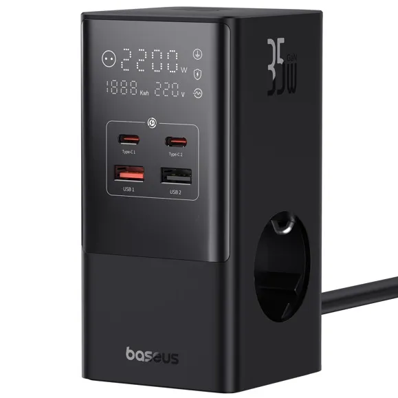 Подовжувач мережевий переноска 1.5 метрів на 3 розетки BASEUS USB 2шт+Type-C 2шт Чорний (E00023606113-00) 46836