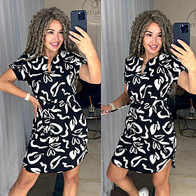 Літнє плаття-туніка із софту з поясом чорне з білим принтом листя
