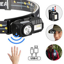 Ліхтар налобний T131-XPE+3SMD (red+green+blue+UV), Motion Sensor, Li-Ion акум, магніт, кліпс, ЗУ Type-C, Box, фото 3