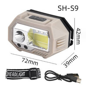 Ліхтар налобний SH-S9-XPE+COB+3SMD(red) Motion Sensor вбудований акумулятор ЗУ Type-C Box, фото 3