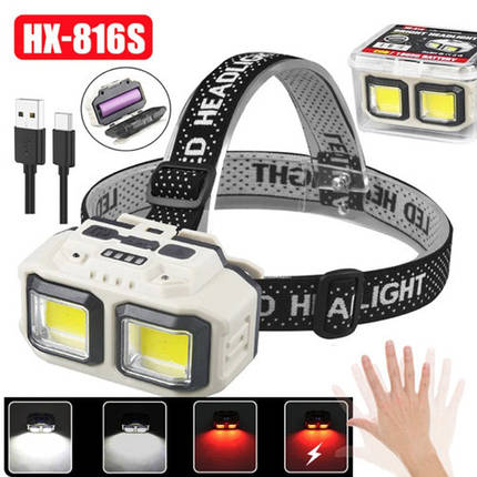 Ліхтар налобний HX-816S-2COB (white+red), Motion Sensor, Waterproof, 1x18650, ЗП Type-C, Box, фото 1