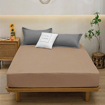 Натяжне євро простирадло на гумці бавовна бязь (180*200*25) однотонне бежевого кольору без декору, фото 1