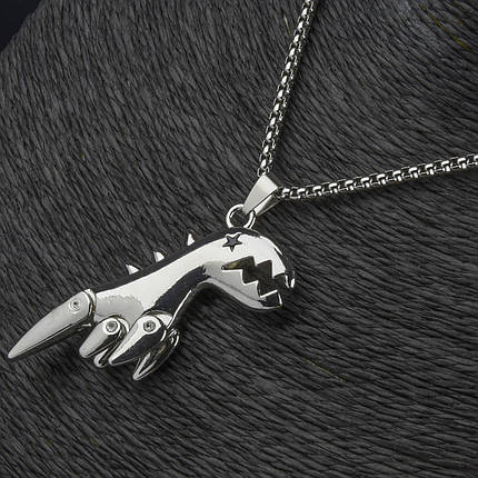 Ланцюг із кулоном сріблястого кольору Stainless Steel динозавр застібка карабін розмір кулона 50х45 мм довжина 70 см, фото 2