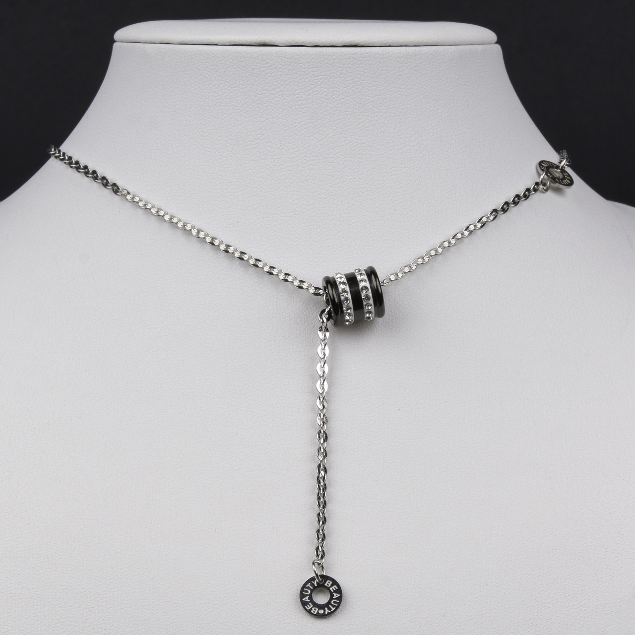 Ланцюг із кулоном сріблястого кольору Stainless Steel з білими кришталевими камінчиками застібка карабін довжина 55 см