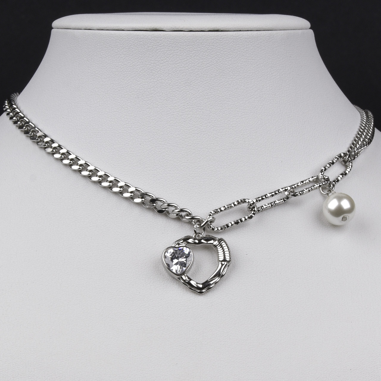 Ланцюг із кулоном сріблястого кольору Stainless Steel із серцем і кристалом і перлиною довжина 55 см