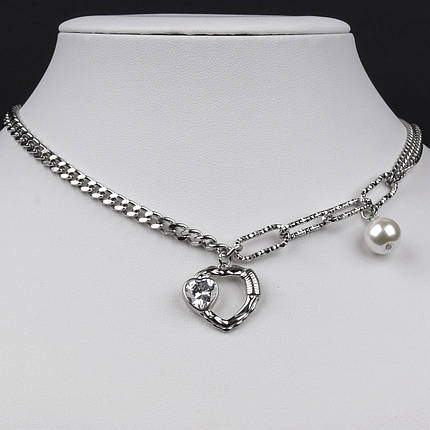 Ланцюг із кулоном сріблястого кольору Stainless Steel із серцем і кристалом і перлиною довжина 55 см, фото 1