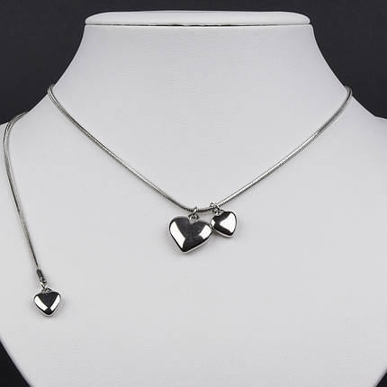 Ланцюг снейк з кулоном сріблястого кольору Stainless Steel із сердечками з подовжувачем на затяжці довжина 80 см, фото 1