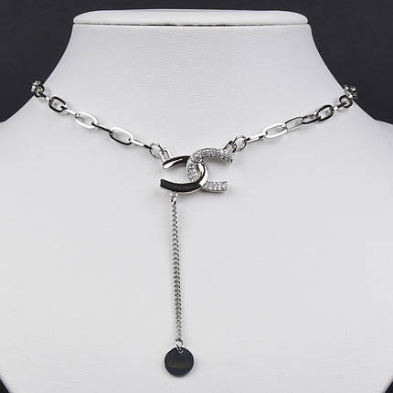 Ланцюг із кулоном сріблястого кольору Stainless Steel брендовий з білими стразами та висувкою монетка довжина 55 см, фото 1