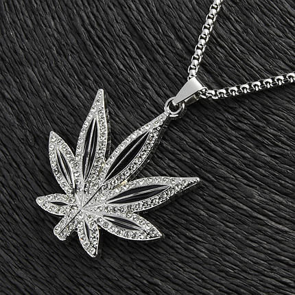 Ланцюг із кулоном ганджа листочок конопель сріблястого кольору Stainless Steel розмір 55х45 мм розмір ланцюга 70 см 3 мм, фото 1