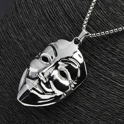 Ланцюг із кулоном велика маска Анонімус сріблястого кольору Stainless Steel розмір 65х40 мм розмір ланцюга 70 см 3 мм, фото 1