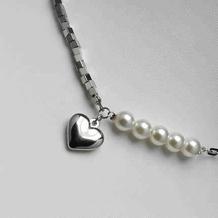 Ланцюжок плетіння якірного кольору срібло сталь 316L кулон сердечко намистини квадратики ланцюжок довжинан 55 см тлщн 4 мм, фото 1