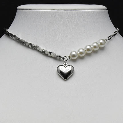 Ланцюжок плетіння якірного кольору срібло сталь 316L кулон сердечко намистини квадратики ланцюжок довжинан 55 см тлщн 4 мм, фото 2