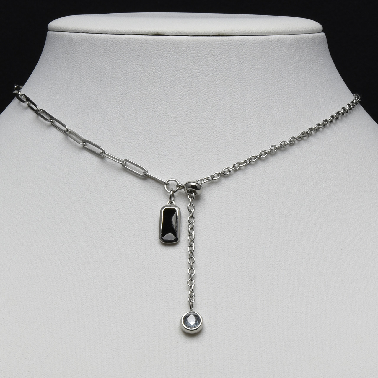 Ланцюжок комбінований два різновиди срібляста сталь 316 L кристал у оправі + кулон чорний довг 55 см тлщн 3 мм