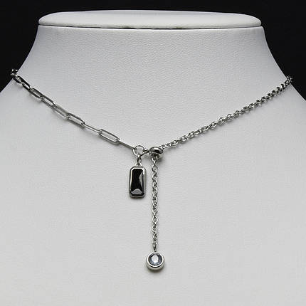 Ланцюжок комбінований два різновиди срібляста сталь 316 L кристал у оправі + кулон чорний довг 55 см тлщн 3 мм, фото 1