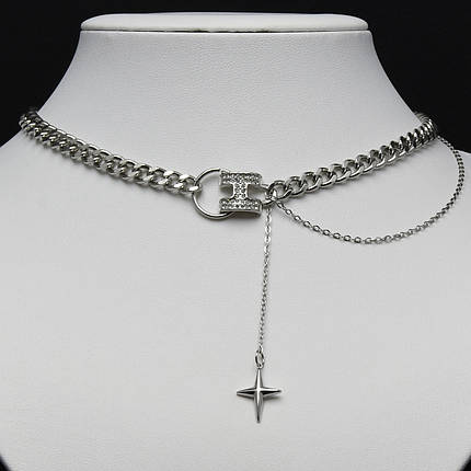 Ланцюжок панцирний кулон буква в стразах і зірка від Stainless Steel срібляста сталь 316 L довг 50 см тлщн 6 мм, фото 2
