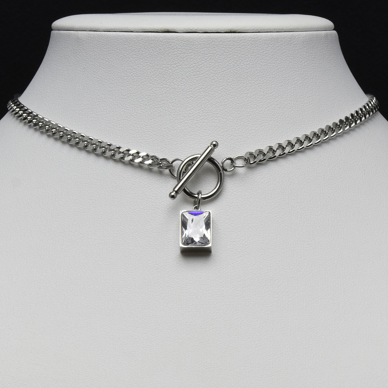 Ланцюжок панцирний із кулоном і білим стразом від Stainless Steel срібляста сталь 316 L довжина 50 см тлщн 4 мм